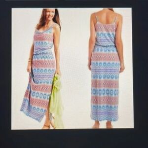 CAbi Aztec Fun in the Sun Blue & Orange Maxi Dress
